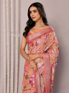 Janasya Peach Cotton Linen Floral Printed Saree - Distacart