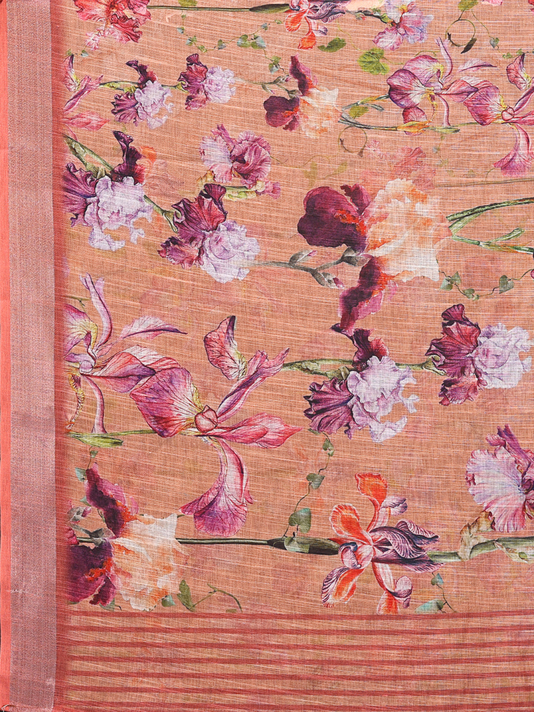 Janasya Peach Cotton Linen Floral Printed Saree - Distacart