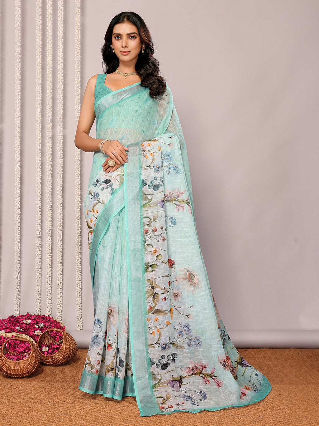Janasya Sea Green Cotton Linen Floral Printed Saree - Distacart