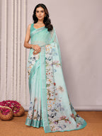 Janasya Sea Green Cotton Linen Floral Printed Saree - Distacart