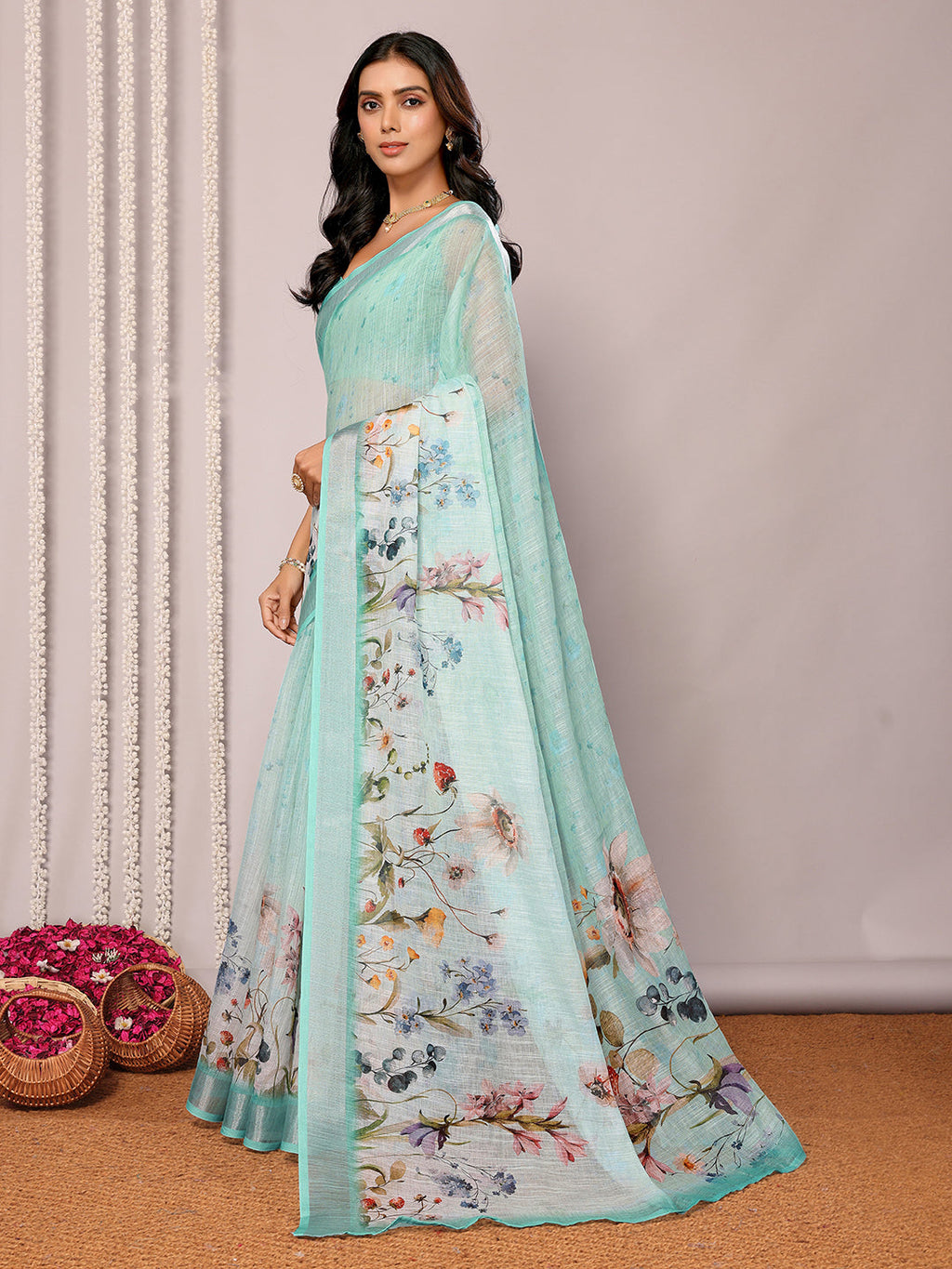 Janasya Sea Green Cotton Linen Floral Printed Saree - Distacart