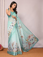 Janasya Sea Green Cotton Linen Floral Printed Saree - Distacart
