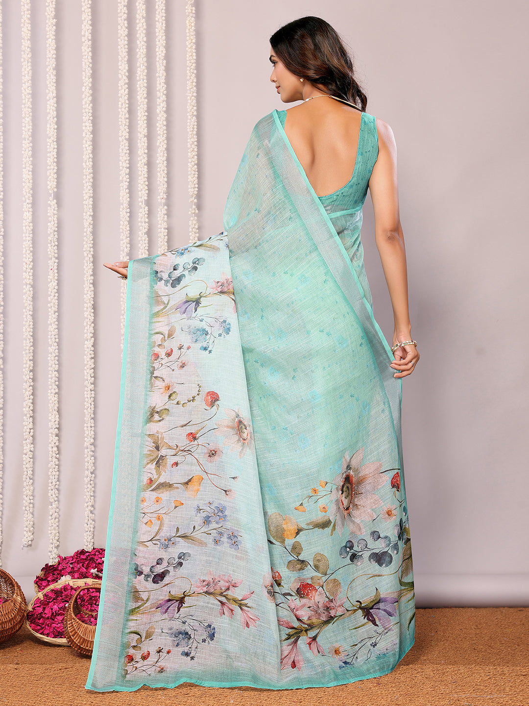 Janasya Sea Green Cotton Linen Floral Printed Saree - Distacart