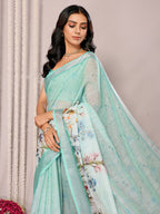 Janasya Sea Green Cotton Linen Floral Printed Saree - Distacart