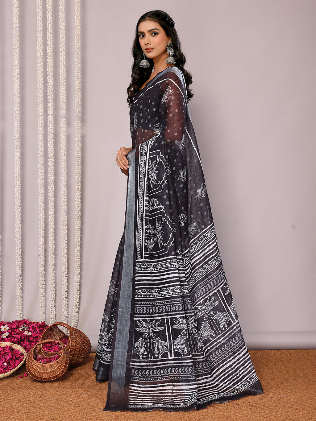 Janasya Black Cotton Linen Polka Printed Saree - Distacart