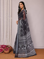 Janasya Black Cotton Linen Polka Printed Saree - Distacart