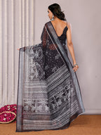 Janasya Black Cotton Linen Polka Printed Saree - Distacart