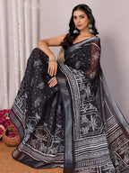 Janasya Black Cotton Linen Polka Printed Saree - Distacart