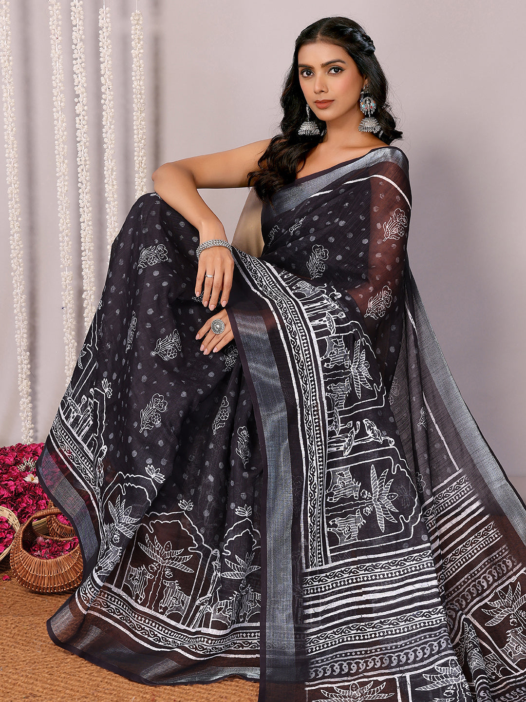 Janasya Black Cotton Linen Polka Printed Saree - Distacart