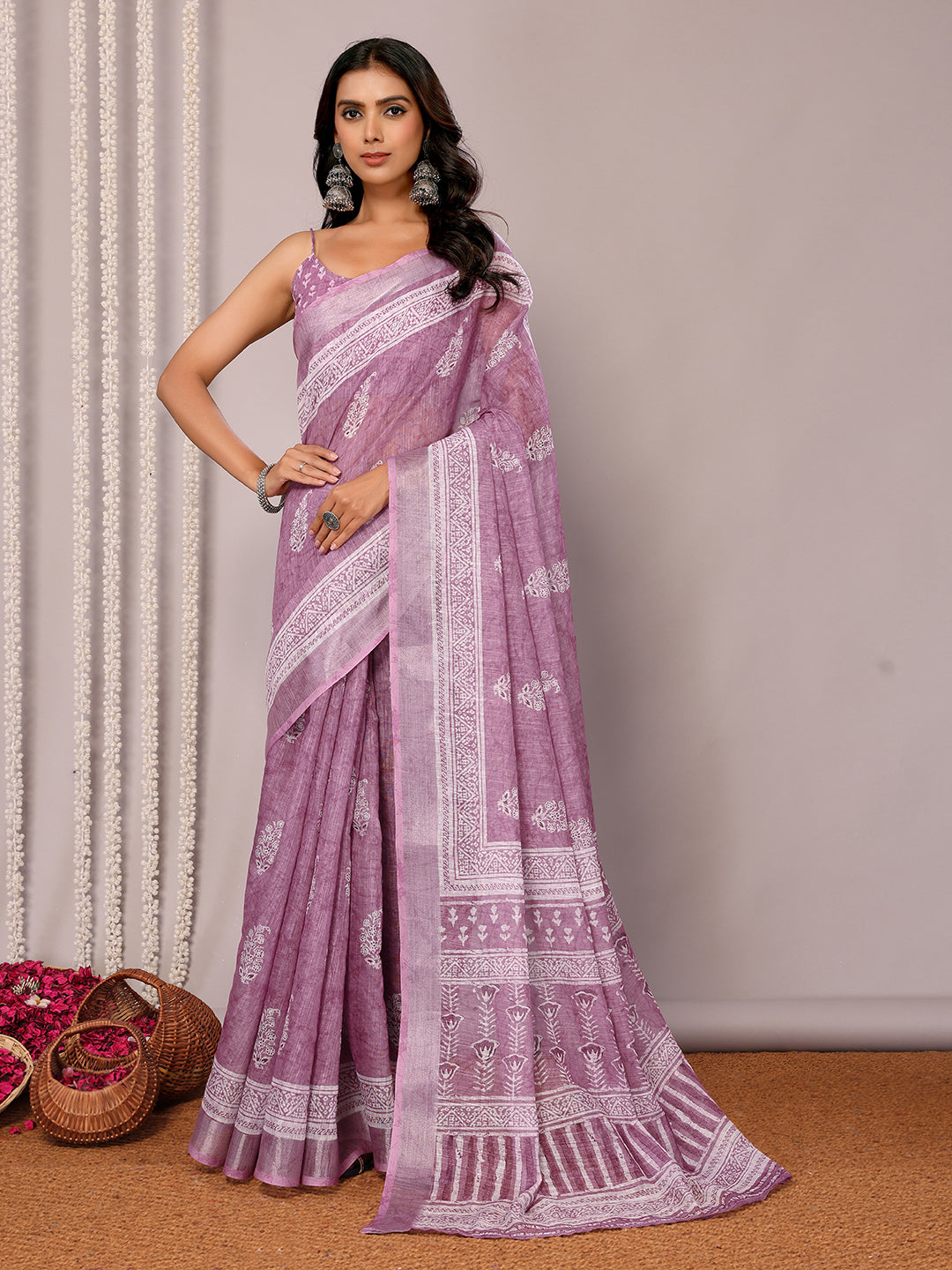 Janasya Mauve Cotton Linen Block Print Printed Saree - Distacart
