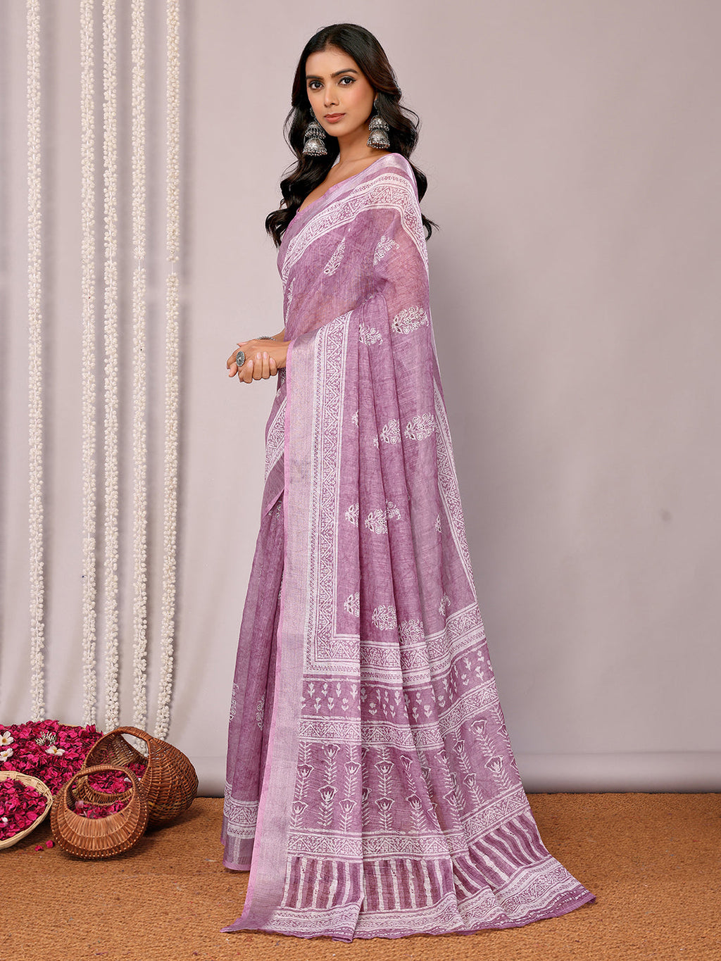 Janasya Mauve Cotton Linen Block Print Printed Saree - Distacart