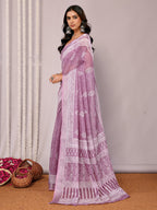 Janasya Mauve Cotton Linen Block Print Printed Saree - Distacart