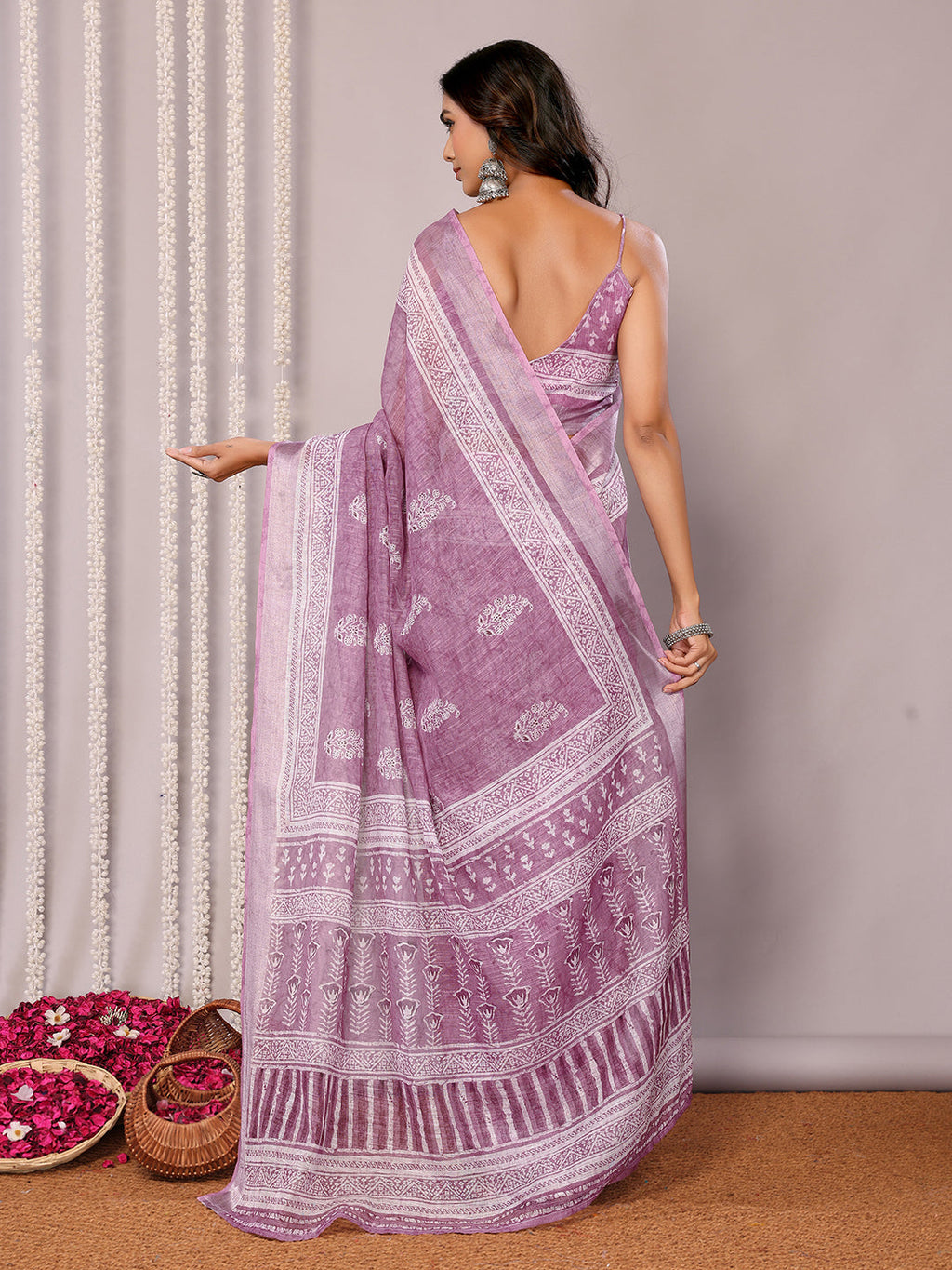 Janasya Mauve Cotton Linen Block Print Printed Saree - Distacart