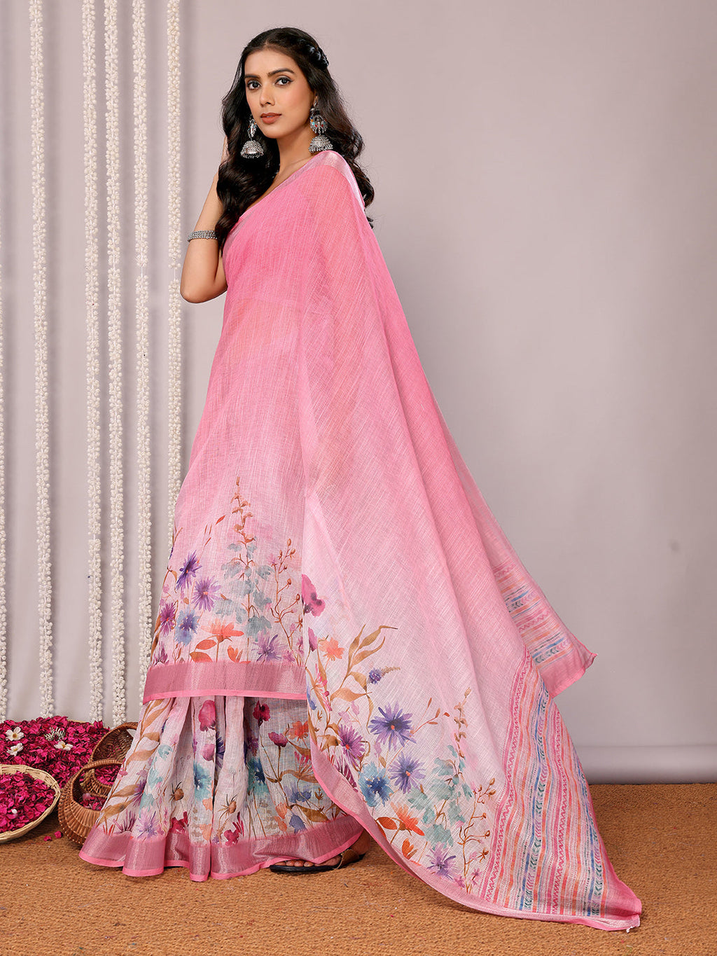 Janasya Pink Cotton Linen Floral Printed Saree - Distacart