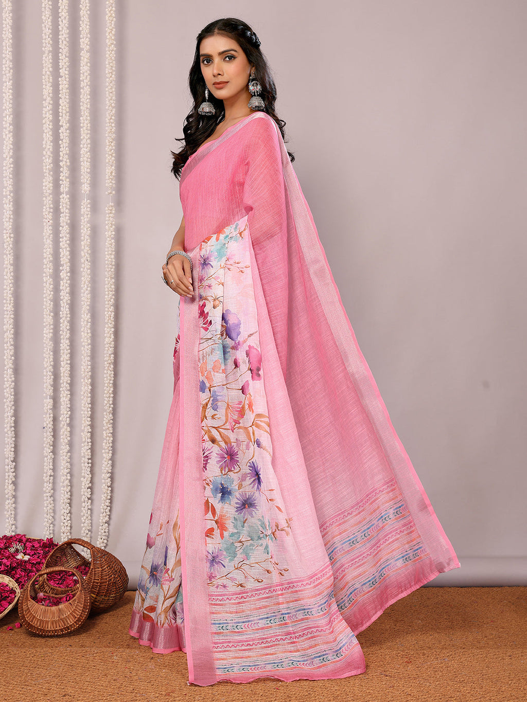 Janasya Pink Cotton Linen Floral Printed Saree - Distacart