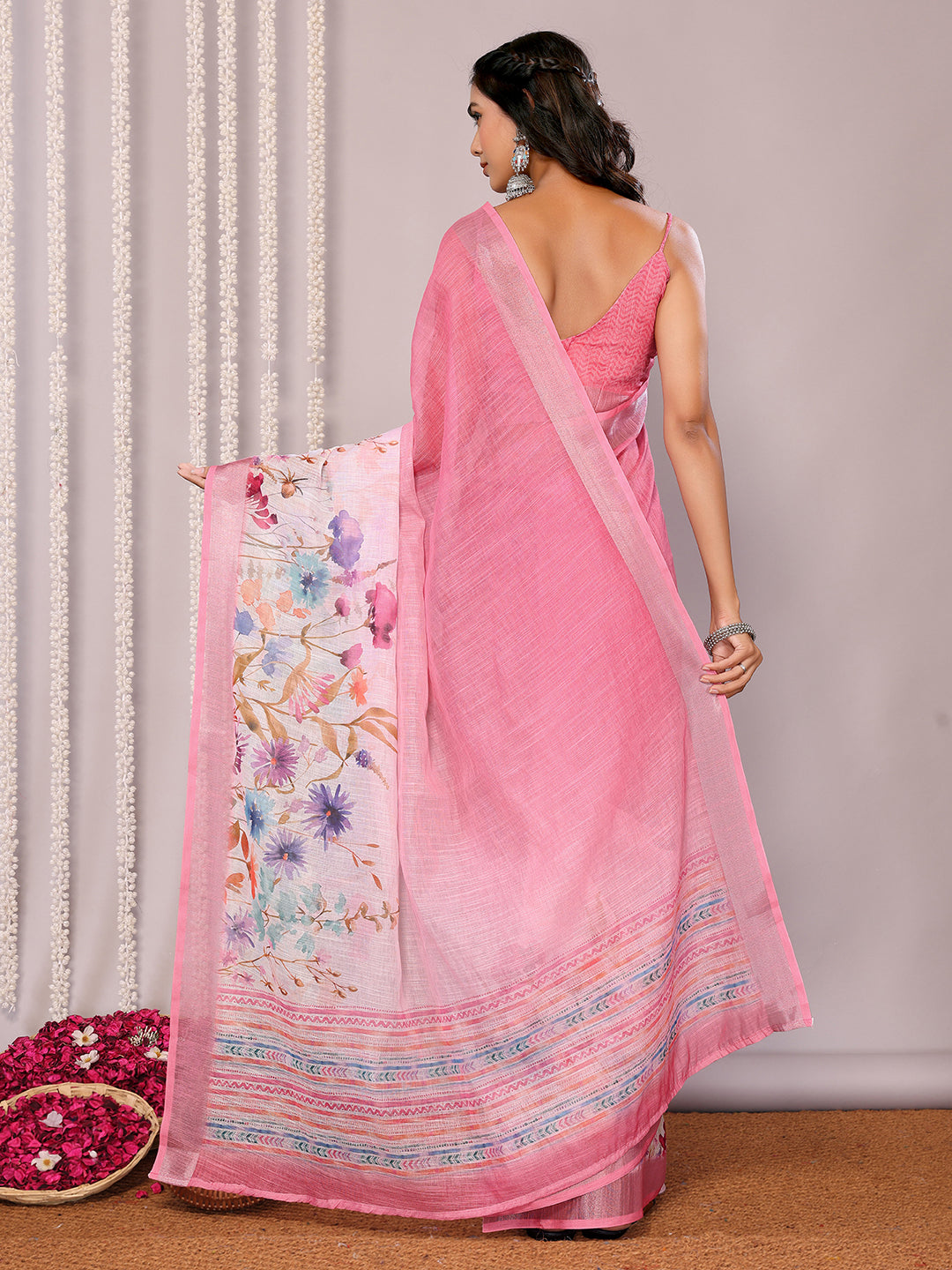 Janasya Pink Cotton Linen Floral Printed Saree - Distacart