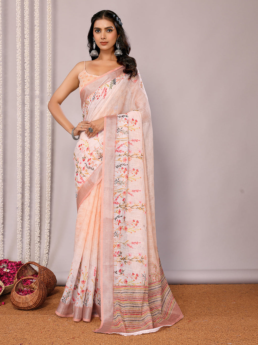 Janasya Peach Cotton Linen Floral Printed Saree - Distacart