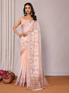 Janasya Peach Cotton Linen Floral Printed Saree - Distacart