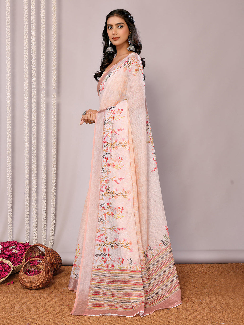 Janasya Peach Cotton Linen Floral Printed Saree - Distacart