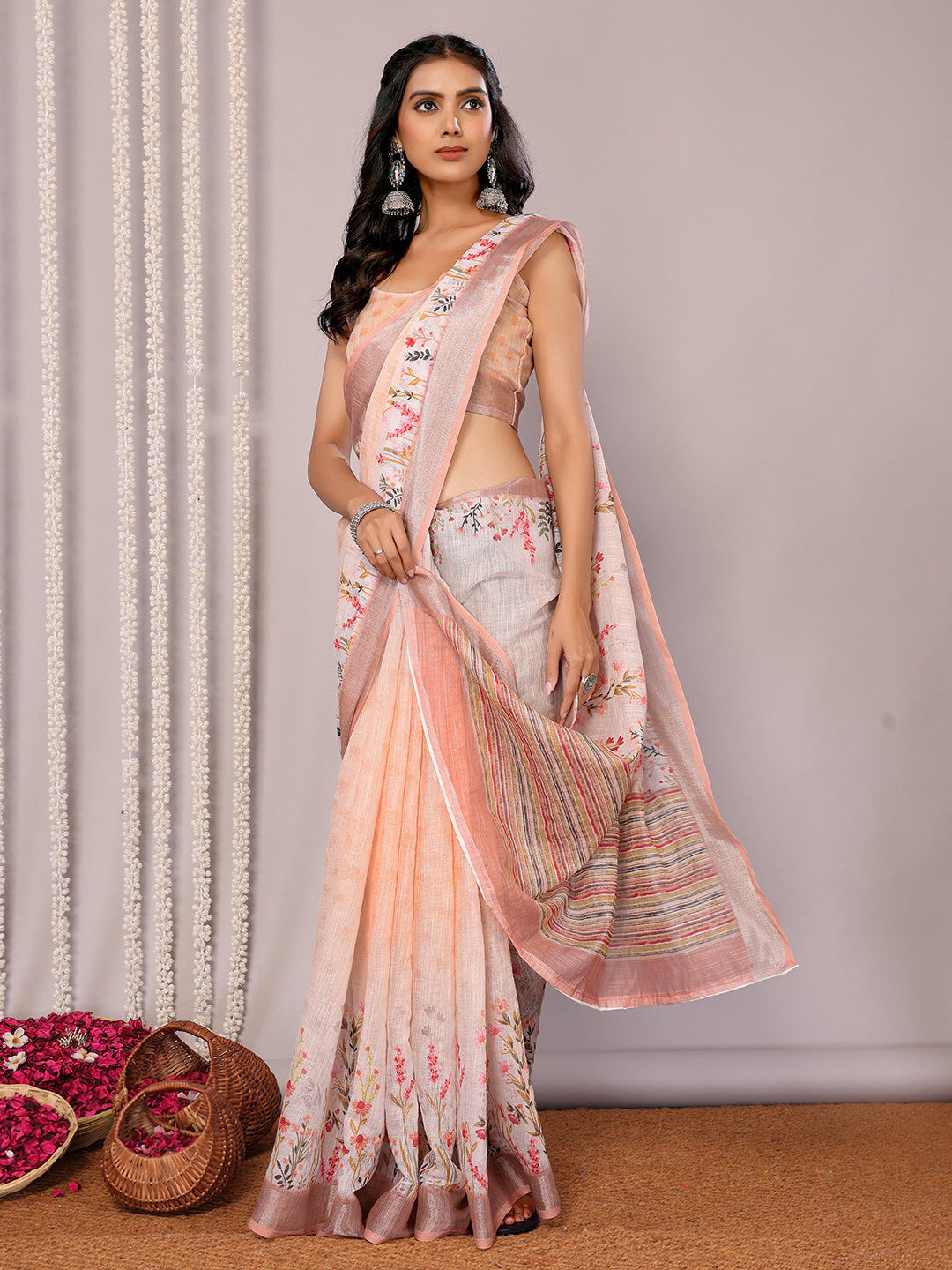 Janasya Peach Cotton Linen Floral Printed Saree - Distacart