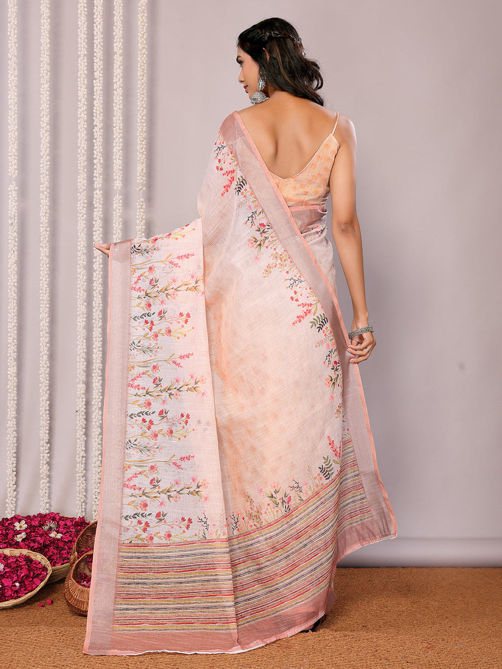 Janasya Peach Cotton Linen Floral Printed Saree - Distacart