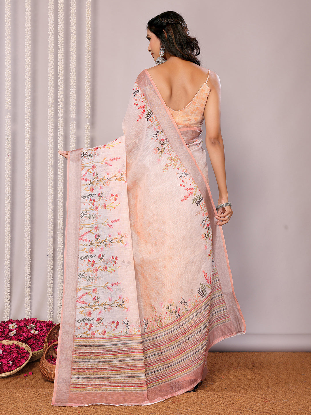Janasya Peach Cotton Linen Floral Printed Saree - Distacart