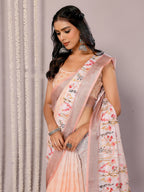 Janasya Peach Cotton Linen Floral Printed Saree - Distacart