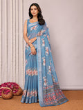 Janasya Blue Cotton Linen Floral Printed Saree - Distacart