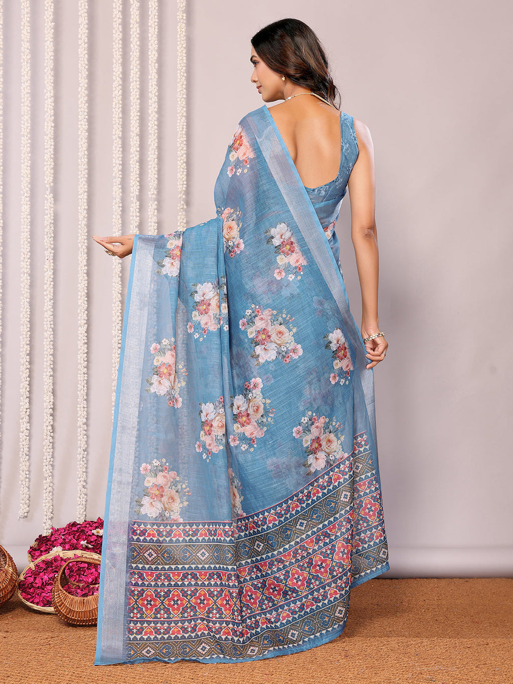 Janasya Blue Cotton Linen Floral Printed Saree - Distacart