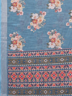 Janasya Blue Cotton Linen Floral Printed Saree - Distacart