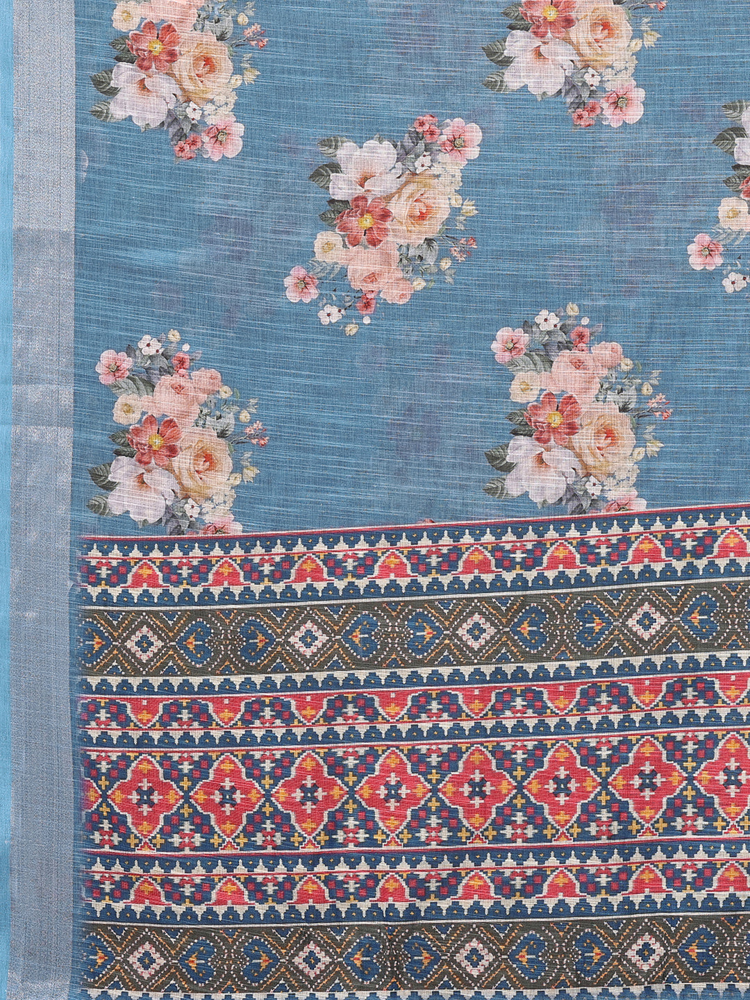 Janasya Blue Cotton Linen Floral Printed Saree - Distacart