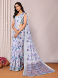 Janasya Light Blue Cotton Linen Floral Printed Saree - Distacart