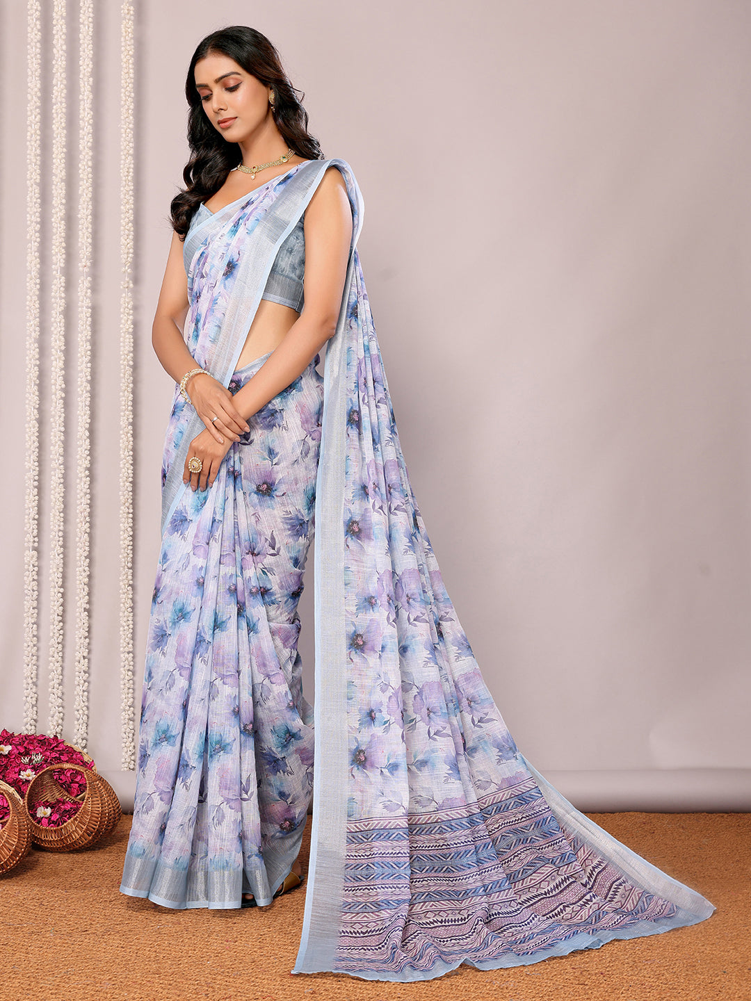 Janasya Light Blue Cotton Linen Floral Printed Saree - Distacart