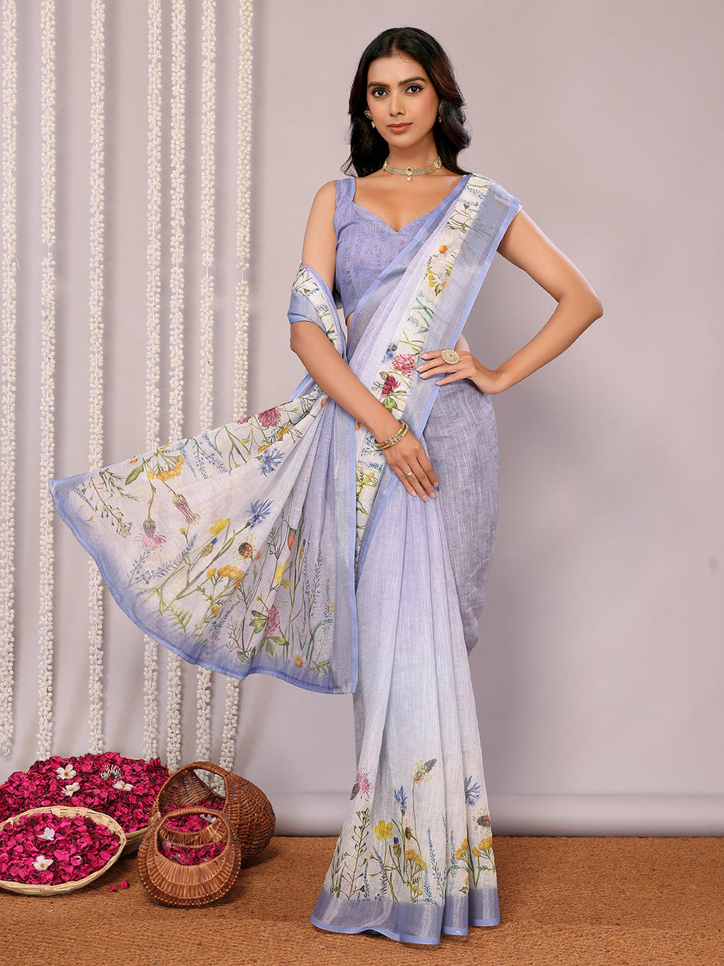 Janasya Lavender Cotton Linen Floral Printed Saree - Distacart