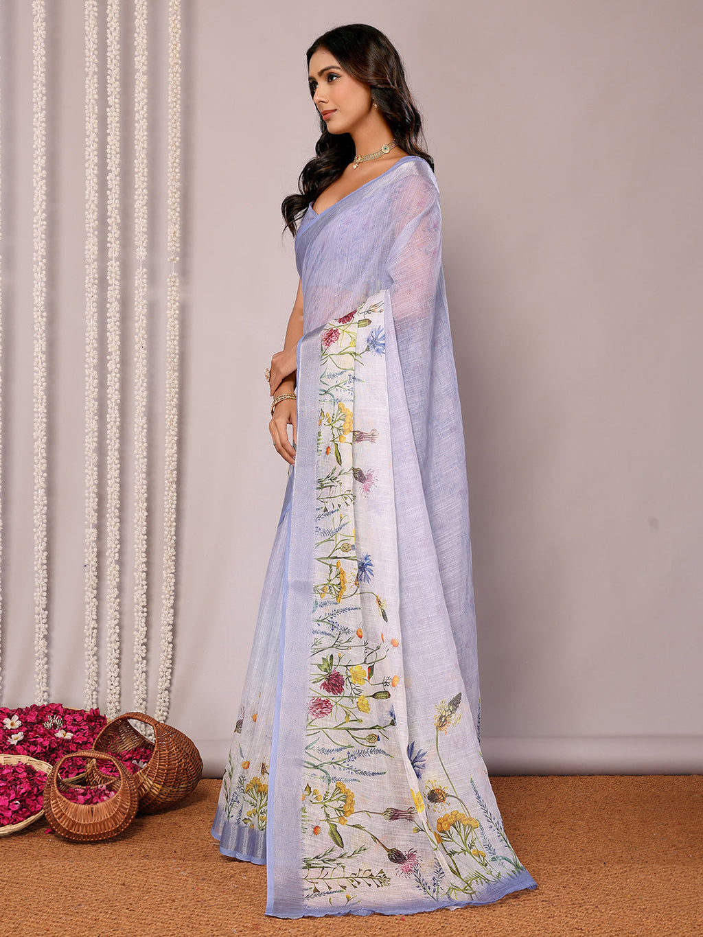 Janasya Lavender Cotton Linen Floral Printed Saree - Distacart