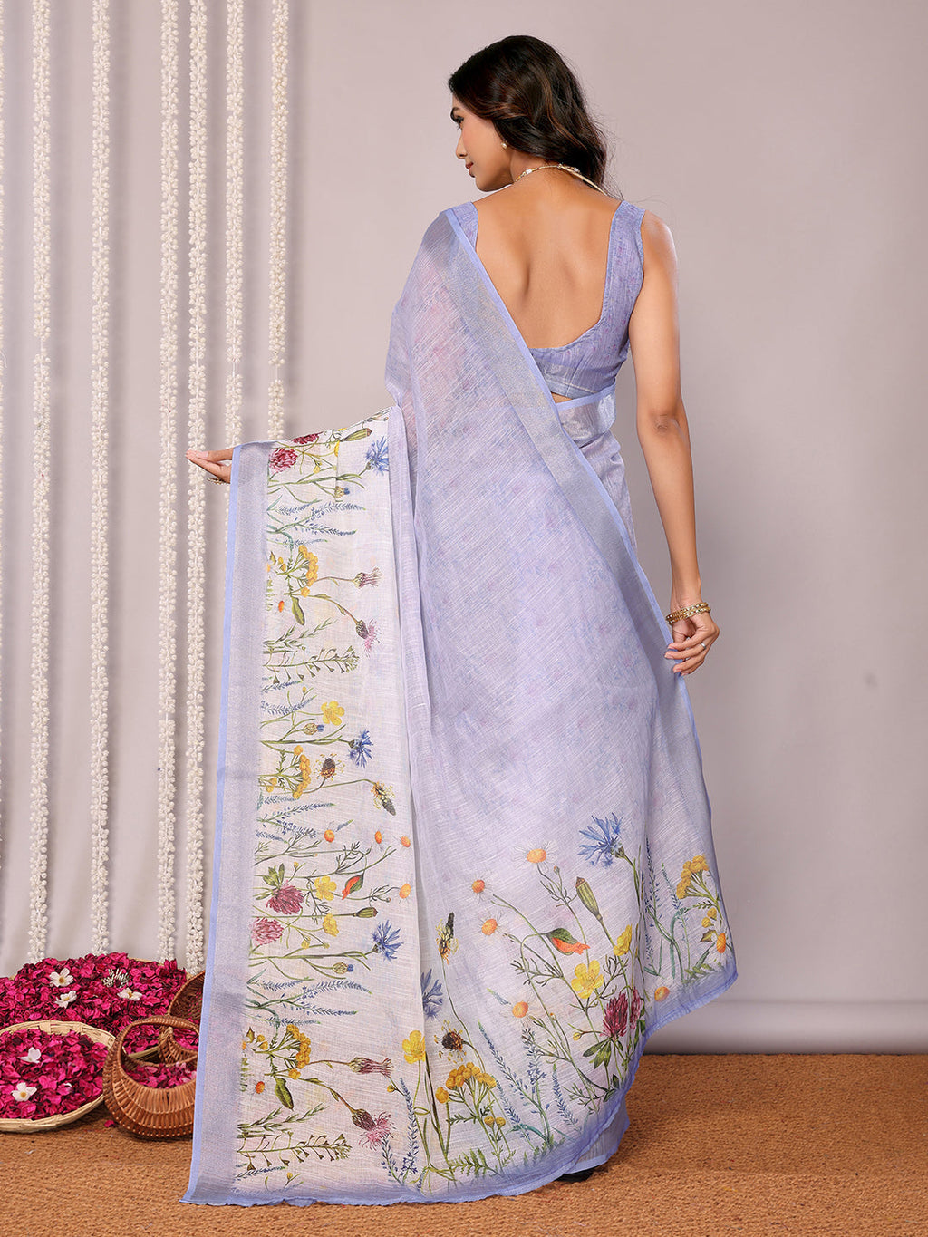 Janasya Lavender Cotton Linen Floral Printed Saree - Distacart