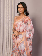 Janasya Peach Cotton Linen Abstract Printed Saree - Distacart
