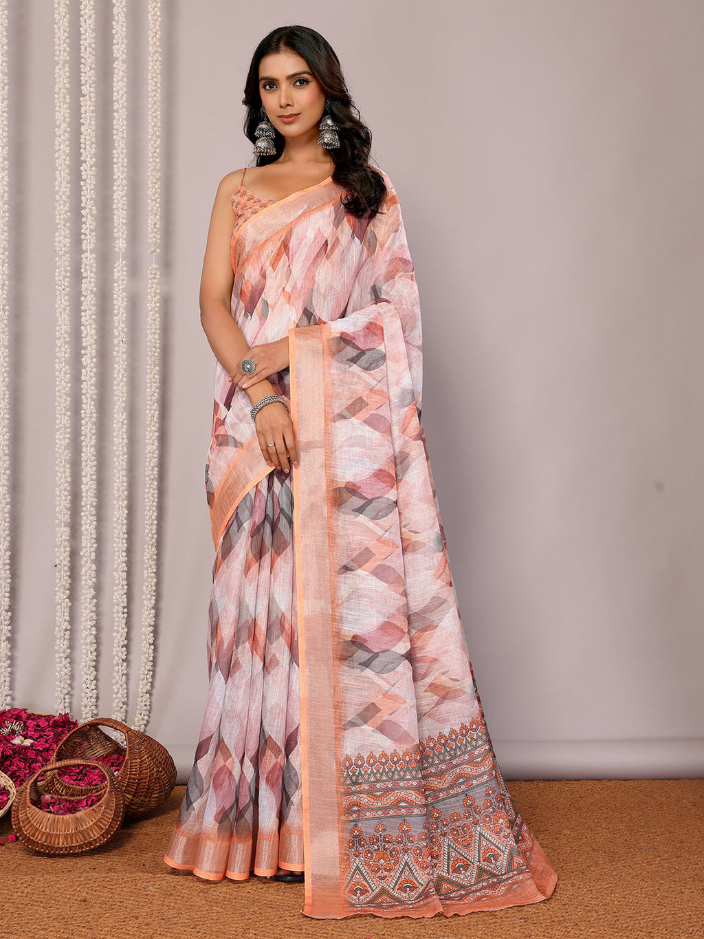 Janasya Peach Cotton Linen Abstract Printed Saree - Distacart
