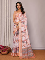Janasya Peach Cotton Linen Abstract Printed Saree - Distacart
