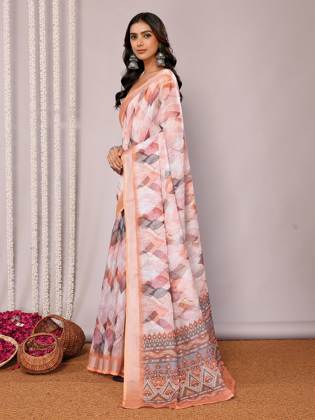 Janasya Peach Cotton Linen Abstract Printed Saree - Distacart