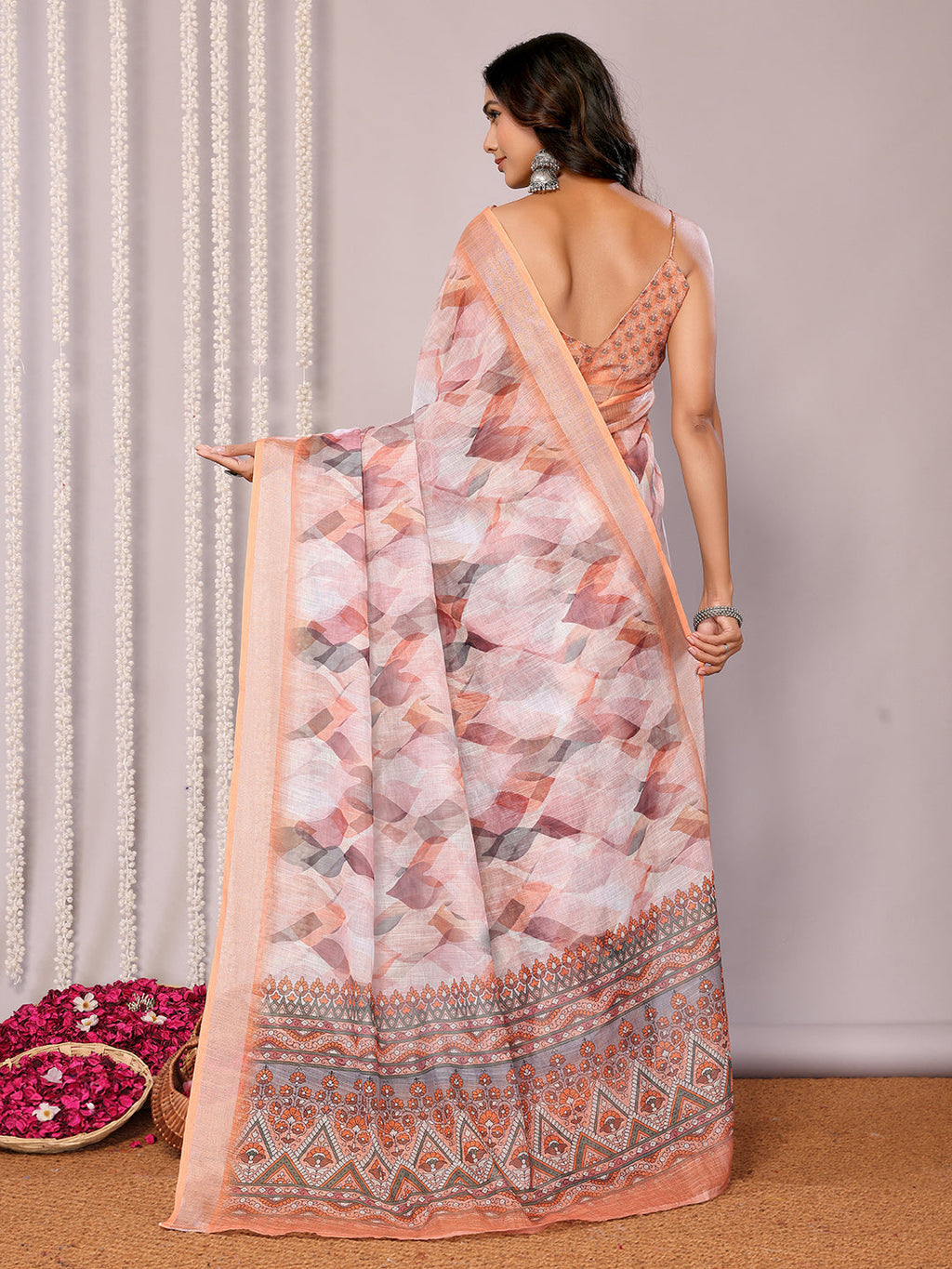 Janasya Peach Cotton Linen Abstract Printed Saree - Distacart