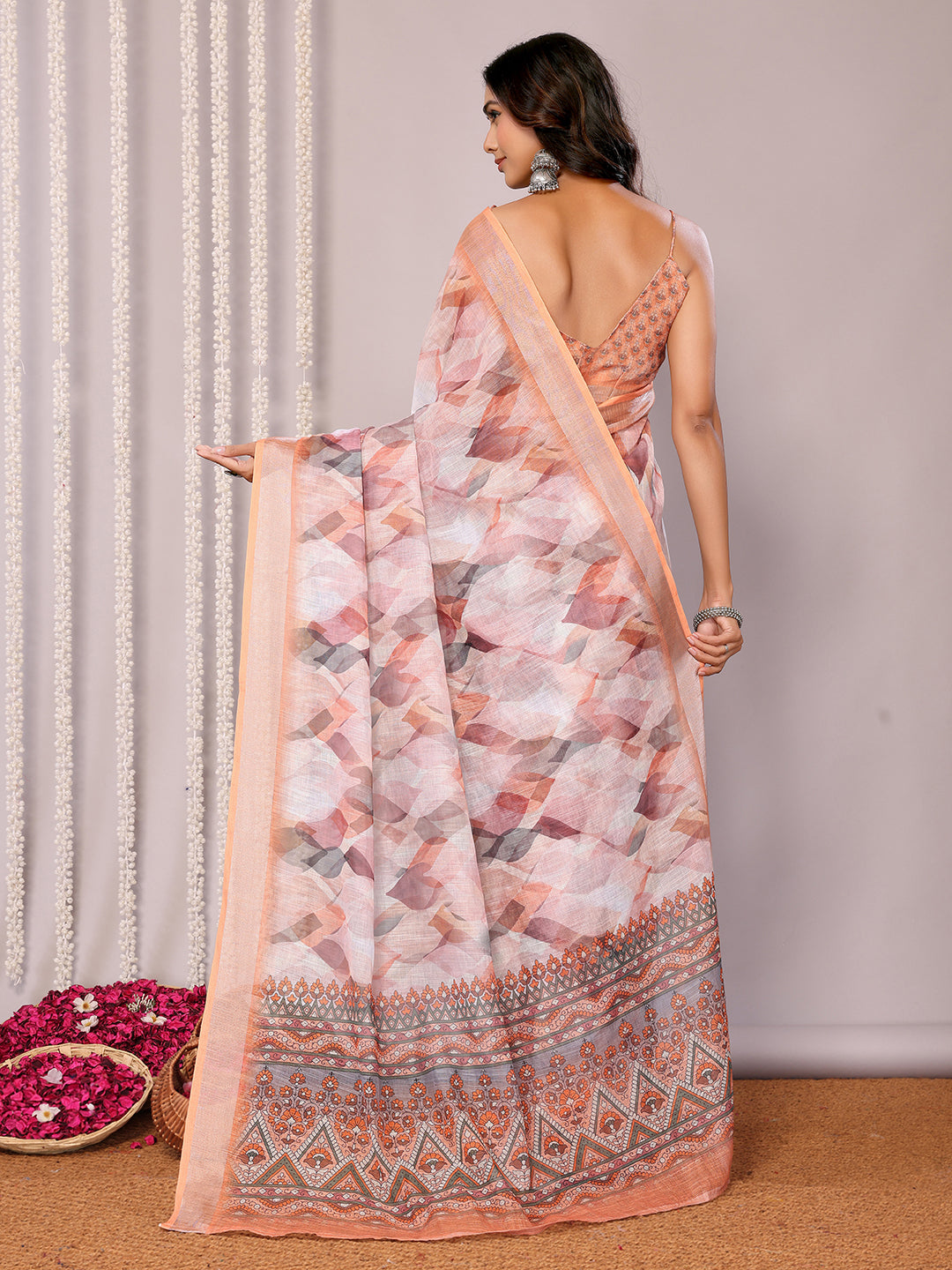 Janasya Peach Cotton Linen Abstract Printed Saree - Distacart