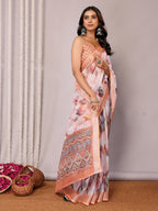 Janasya Peach Cotton Linen Abstract Printed Saree - Distacart
