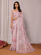 Janasya Mauve Cotton Linen Floral Printed Saree - Distacart