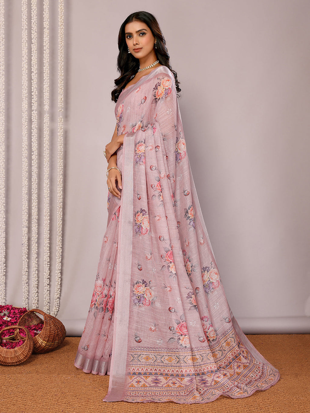 Janasya Mauve Cotton Linen Floral Printed Saree - Distacart