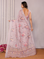 Janasya Mauve Cotton Linen Floral Printed Saree - Distacart