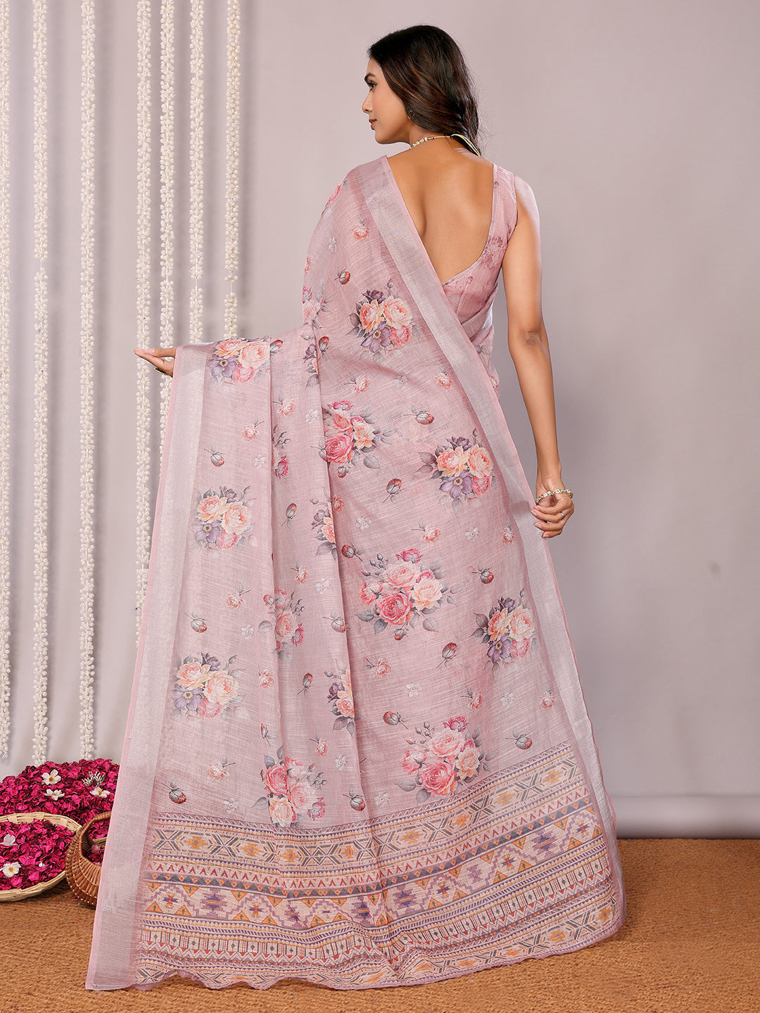 Janasya Mauve Cotton Linen Floral Printed Saree - Distacart