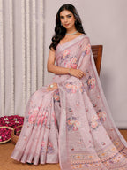 Janasya Mauve Cotton Linen Floral Printed Saree - Distacart