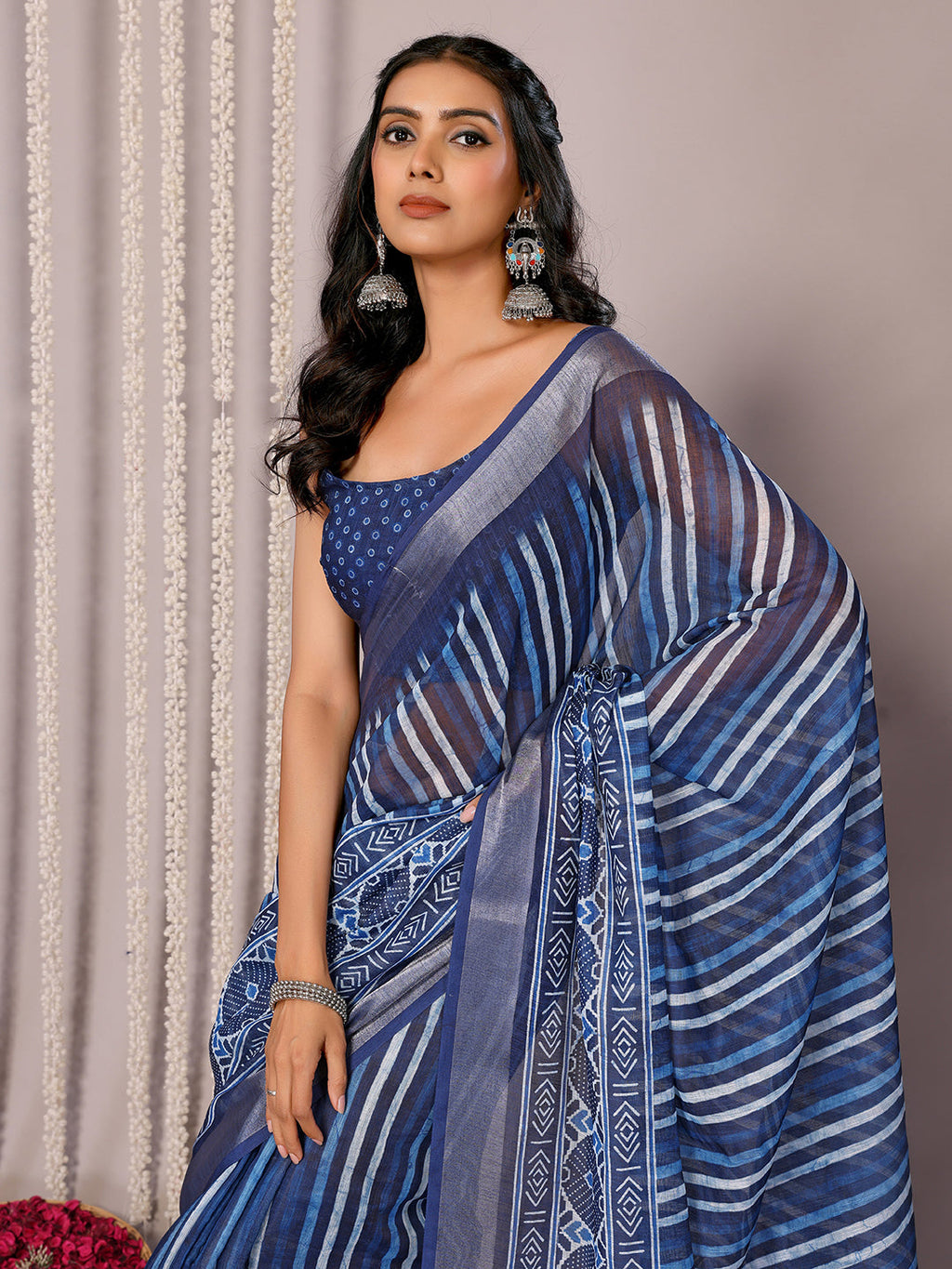 Janasya Blue Cotton Linen Geometric Printed Saree - Distacart