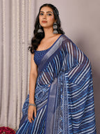 Janasya Blue Cotton Linen Geometric Printed Saree - Distacart
